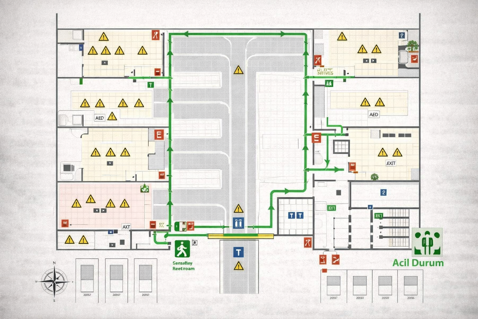 Yazısız acil durum tahliye planı çizimi, ofis kat planı üzerinde yeşil kaçış yolları, acil çıkışlar, güvenli toplanma alanı ve risk bölgeleri gösterilen profesyonel acil durum planı