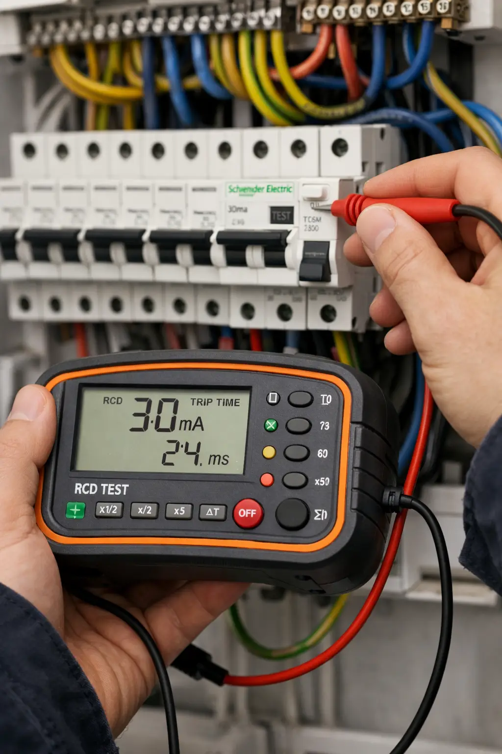 Elektrik panosunda kaçak akım rölesi testi yapılırken RCD test cihazı ile ölçüm