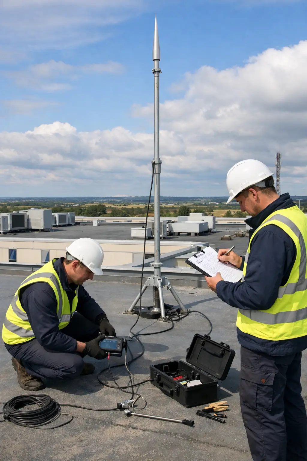 Teknisyenlerin çatı üzerinde paratoner ölçümü yaparak yıldırımdan korunma sistemini kontrol etmes