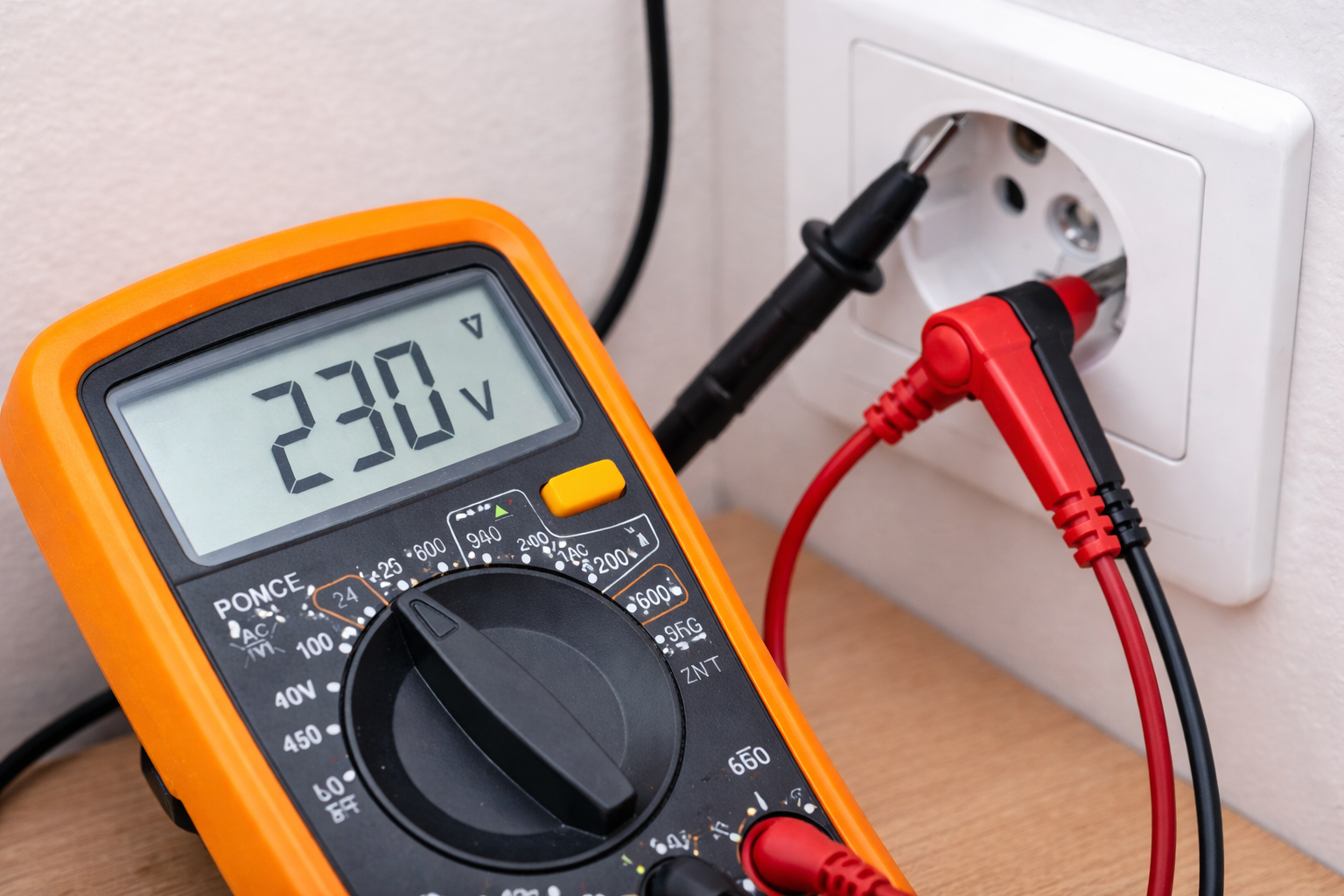 PAT testi sırasında prizde gerilim ölçümü yapan dijital multimetre ile taşınabilir elektrikli cihaz güvenlik kontrolü