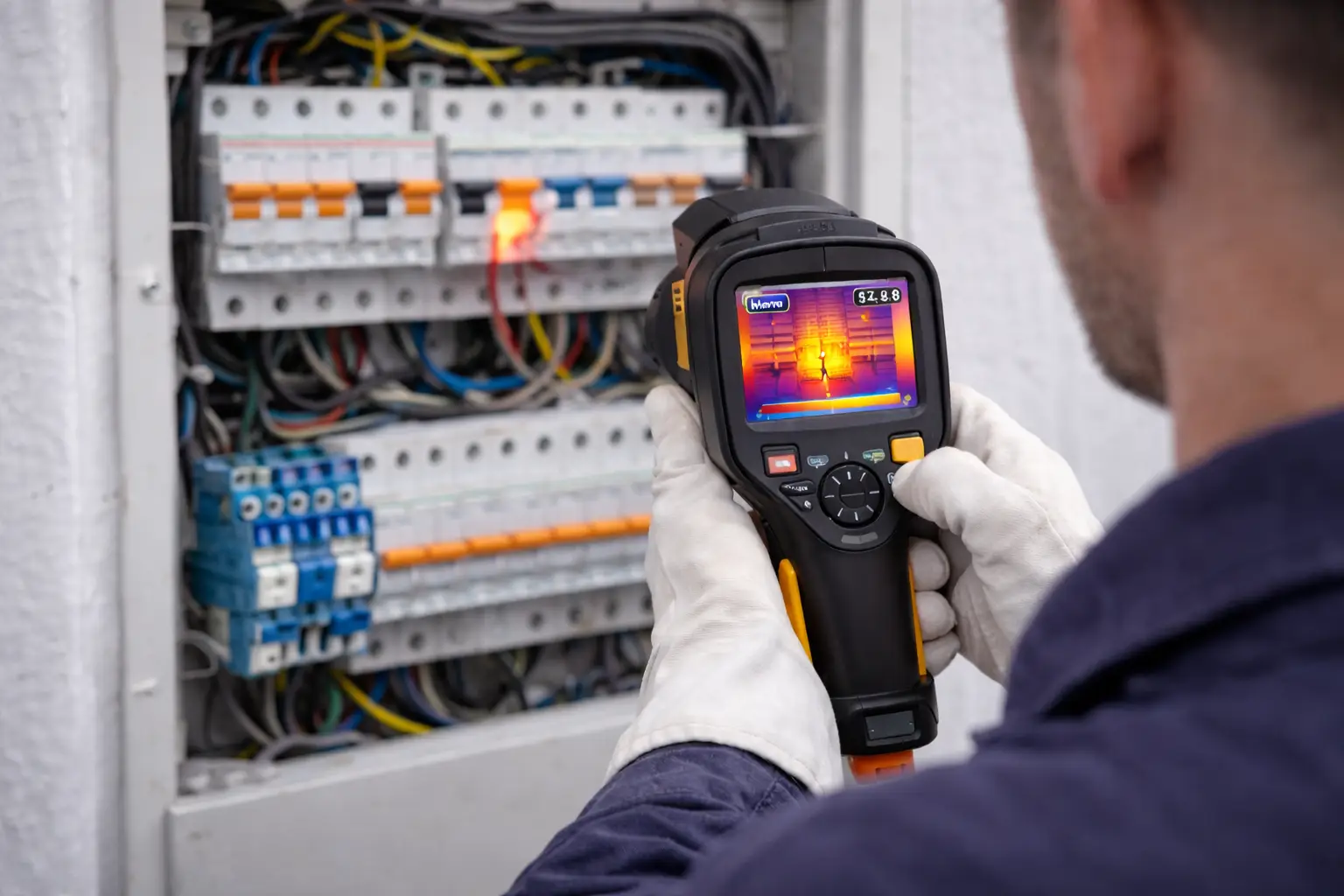 Termal kamera ile elektrik panosu kontrolü (termografik muayene) sırasında bağlantı noktalarında aşırı ısınma tespiti.