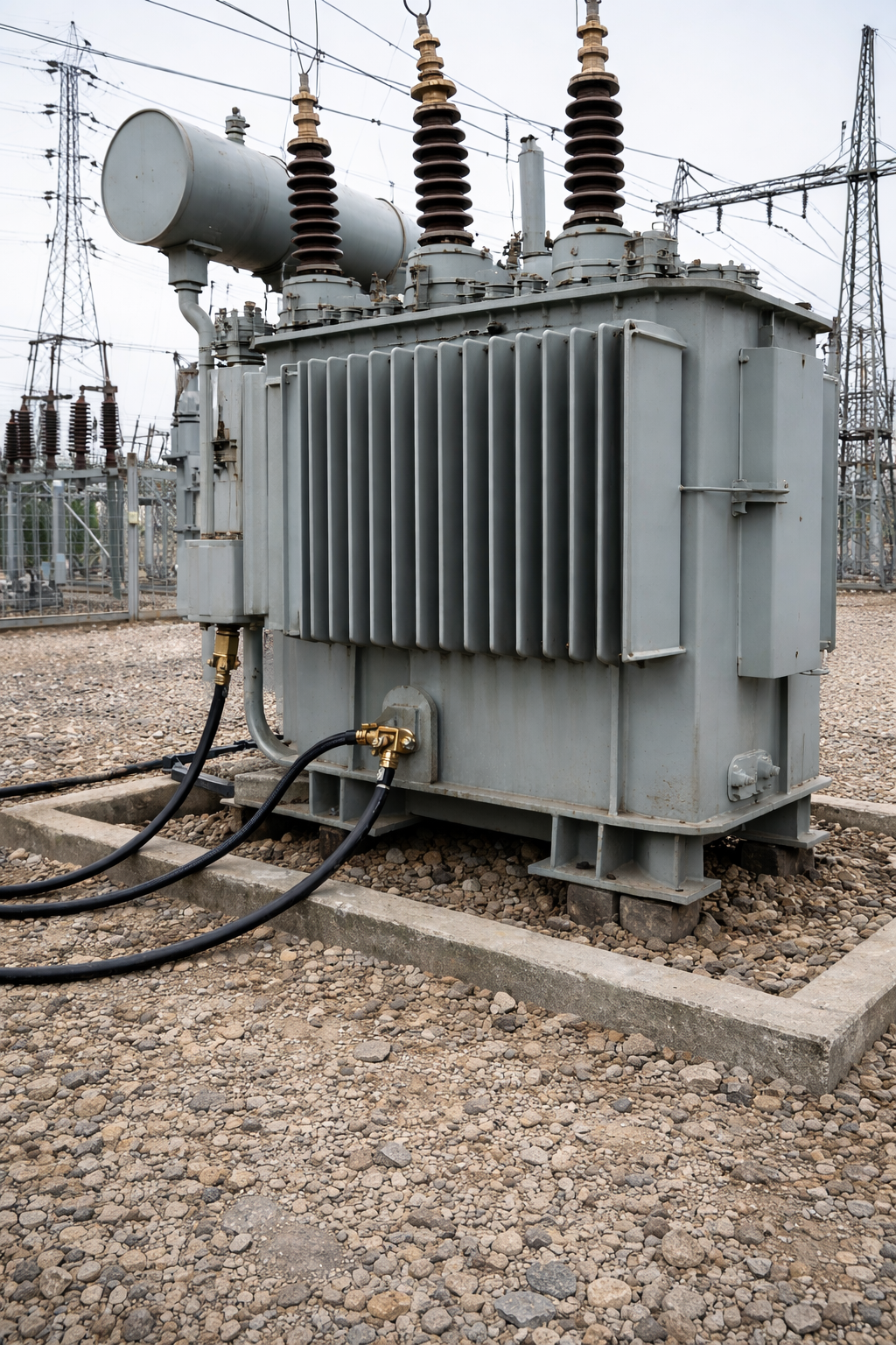 Elektrik trafo merkezinde bulunan yüksek gerilim güç transformatörü