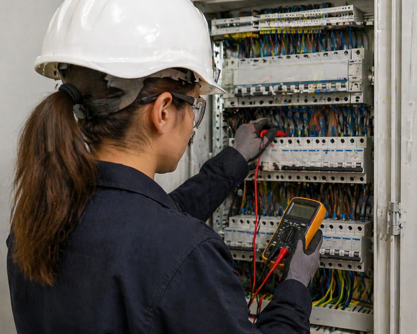 * elektrik tesisatı periyodik kontrol yapan uzman kadın teknisyen pano ölçümü * elektrik uygunluk periyodik kontrol hizmeti pano ölçümü saha çalışması * elektrik iş tesisatı kontrolü yapan mühendis multimetre ile ölçüm * periyodik elektrik kontrol hizmeti sanayi panosu test işlemi * elektrik pano kontrolü yapan uzman ekip uygunluk denetimi