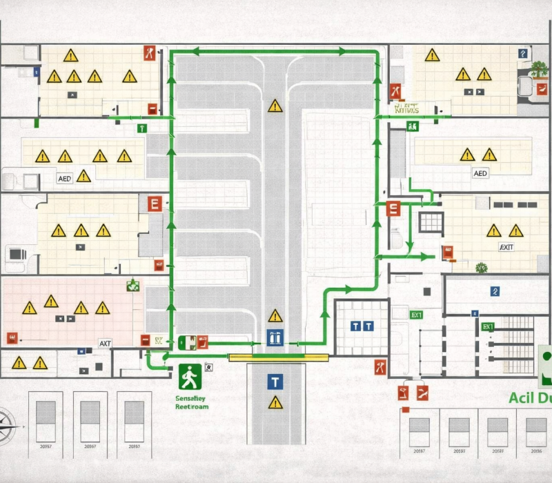 Yazısız acil durum tahliye planı çizimi, ofis kat planı üzerinde yeşil kaçış yolları, acil çıkışlar, güvenli toplanma alanı ve risk bölgeleri gösterilen profesyonel acil durum planı