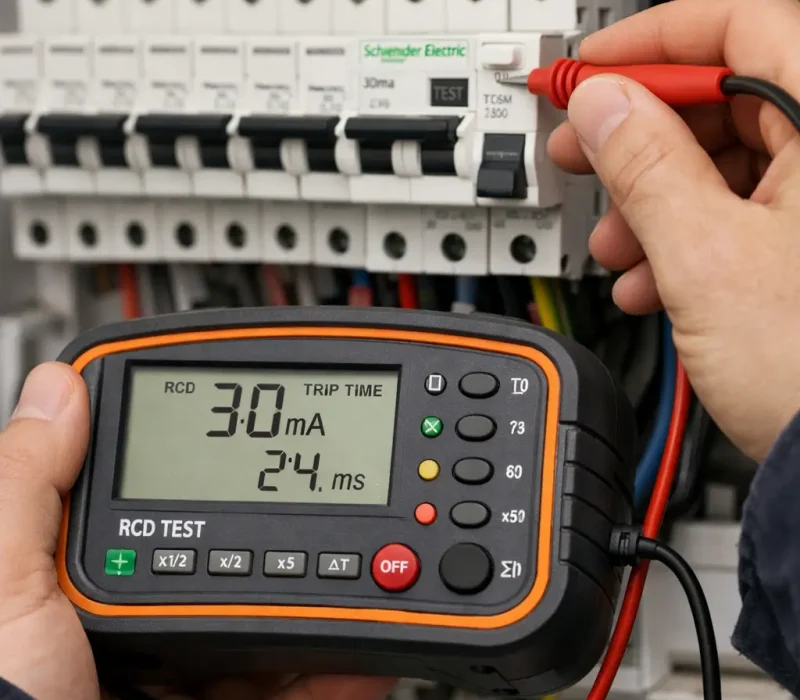 Elektrik panosunda kaçak akım rölesi testi yapılırken RCD test cihazı ile ölçüm