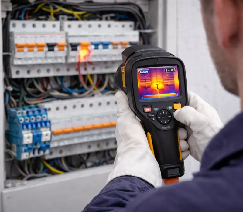 Termal kamera ile elektrik panosu kontrolü (termografik muayene) sırasında bağlantı noktalarında aşırı ısınma tespiti.